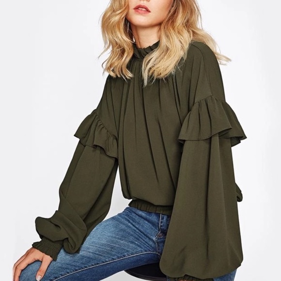 1 Left!!  Olive Green Blouse w/Wide Sleeves - Picture 2 of 4